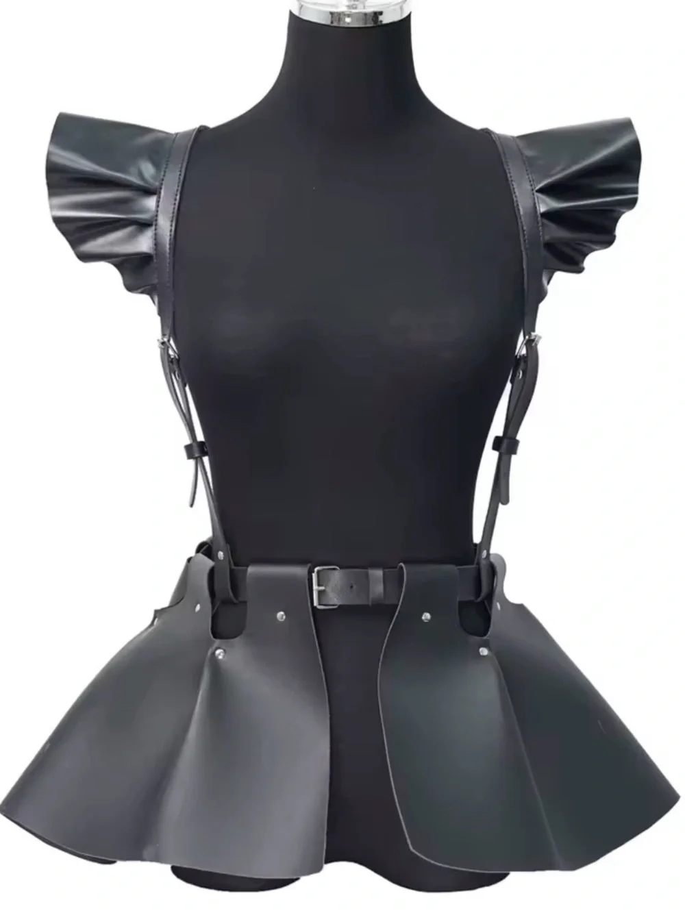 Women Fashion Leather Body Belt Skirt With Ruffle Hem Gothic Style Harness